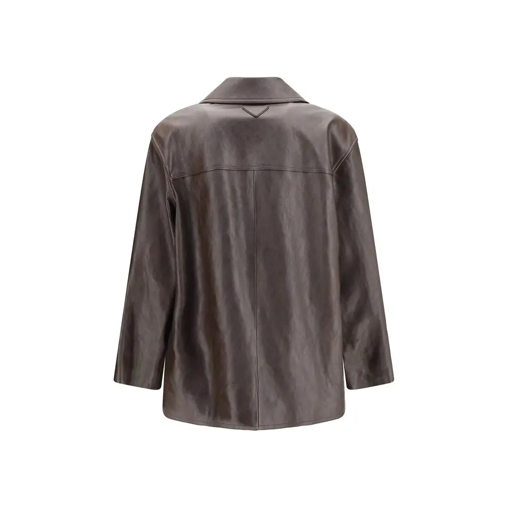 Veste en cuir agneau marron prada avec finition mate gris foncé et logo triangulaire subtil au col