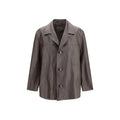 Prada brown lamb leather jacket with sleek charcoal-gray leather coat featuring classic collar and three buttons