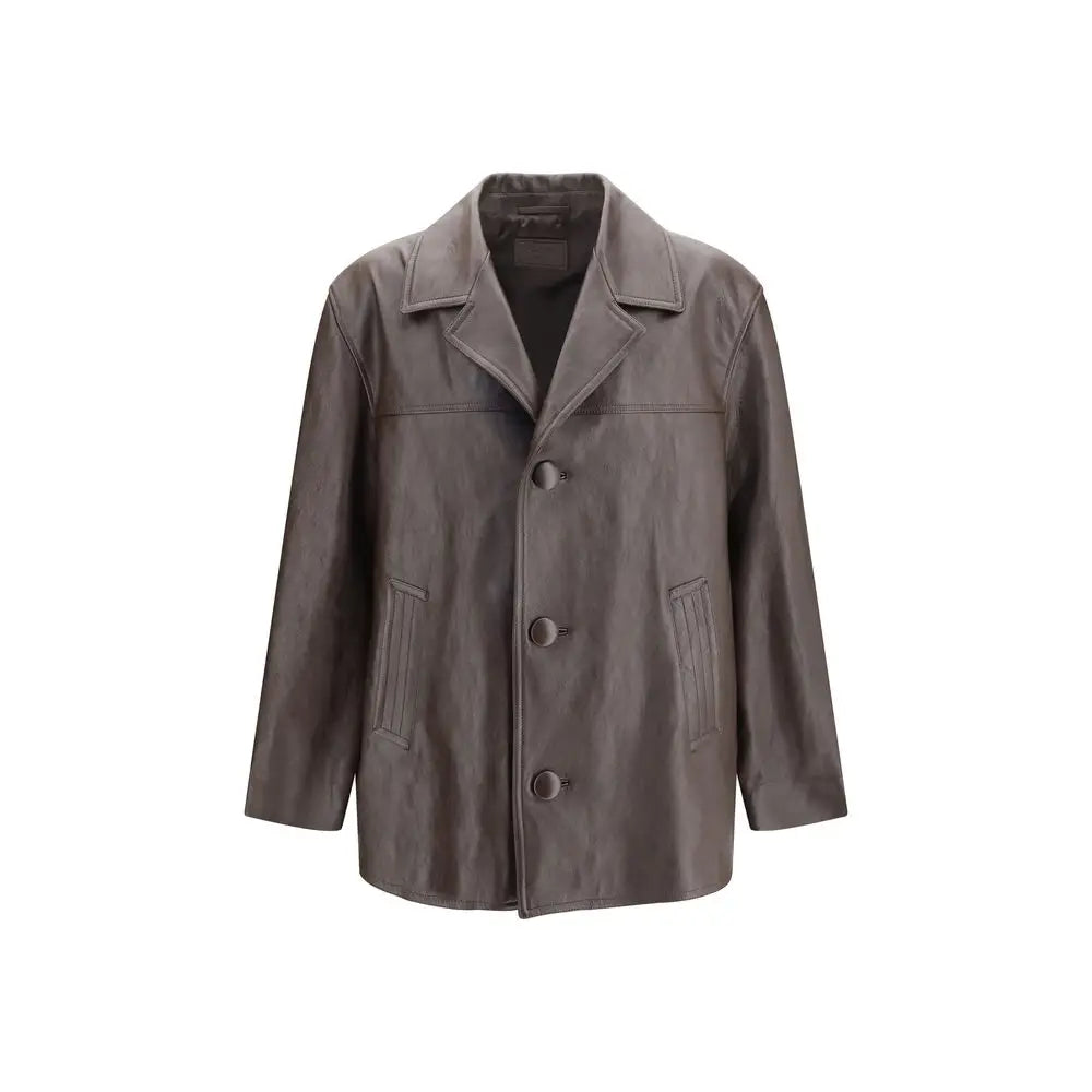 Prada brown lamb leather jacket with sleek charcoal-gray leather coat featuring classic collar and three buttons