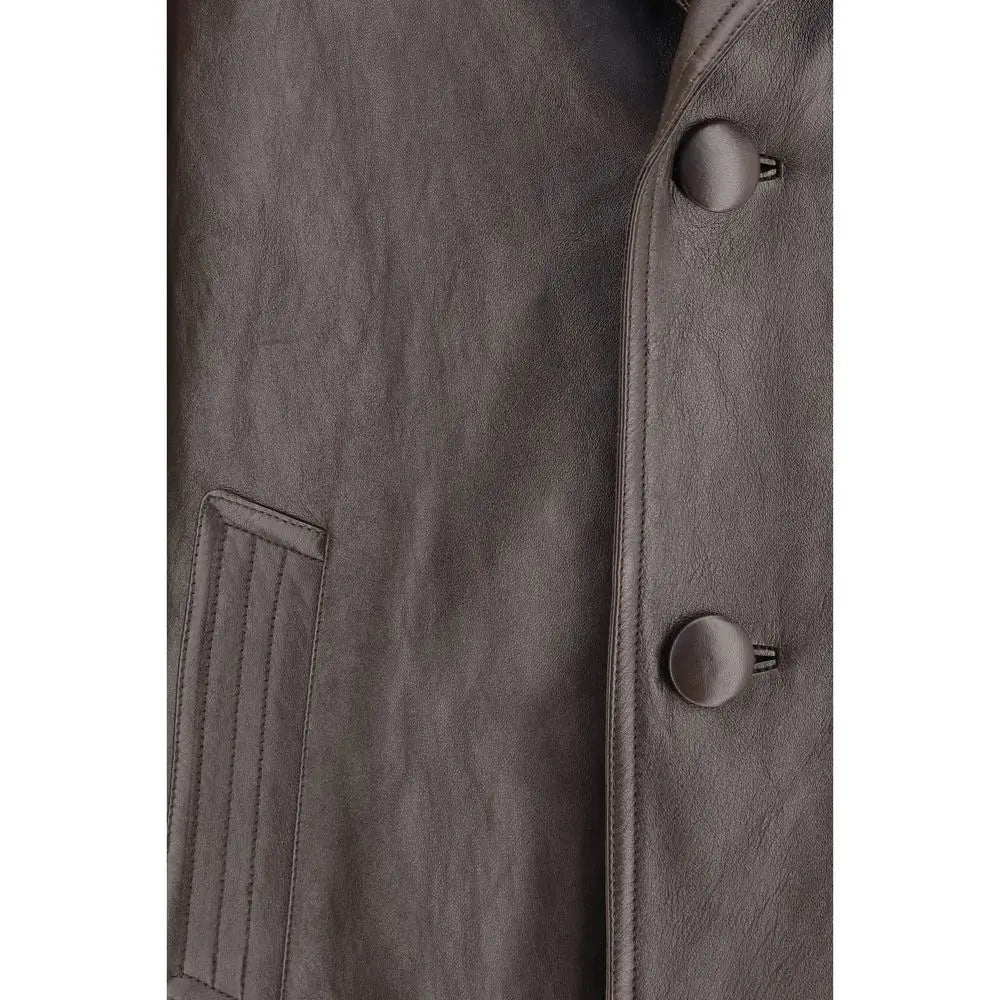 Veste prada marron en cuir dagneau avec veste en cuir synthétique gris foncé texturée et boutons assortis