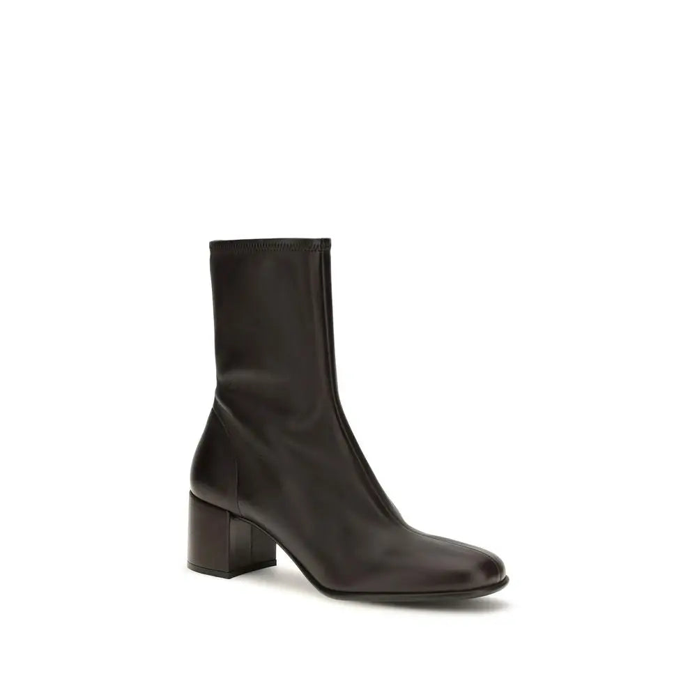 Bottine prada marron en cuir dagneau avec bout carré et talon bloc