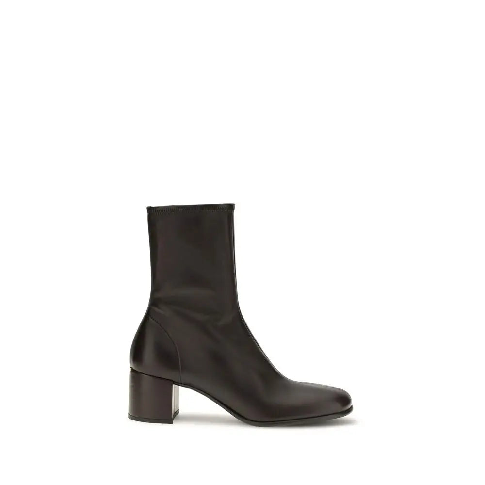 Bottine prada en cuir dagneau marron avec bout carré et talon bloc