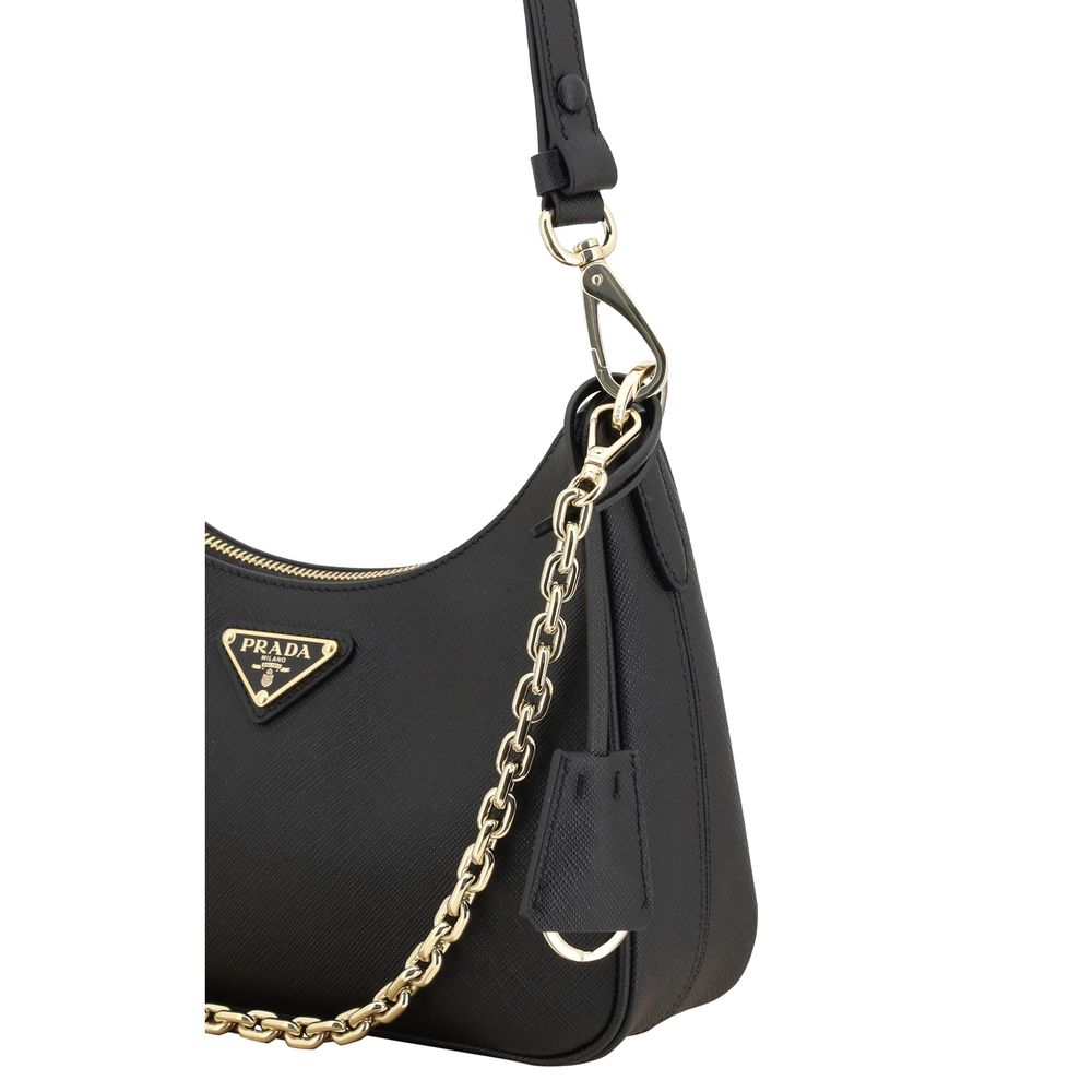 Sac à main Prada Bos Taurus en cuir de veau noir, sac à épaule élégant avec détails sophistiqués.