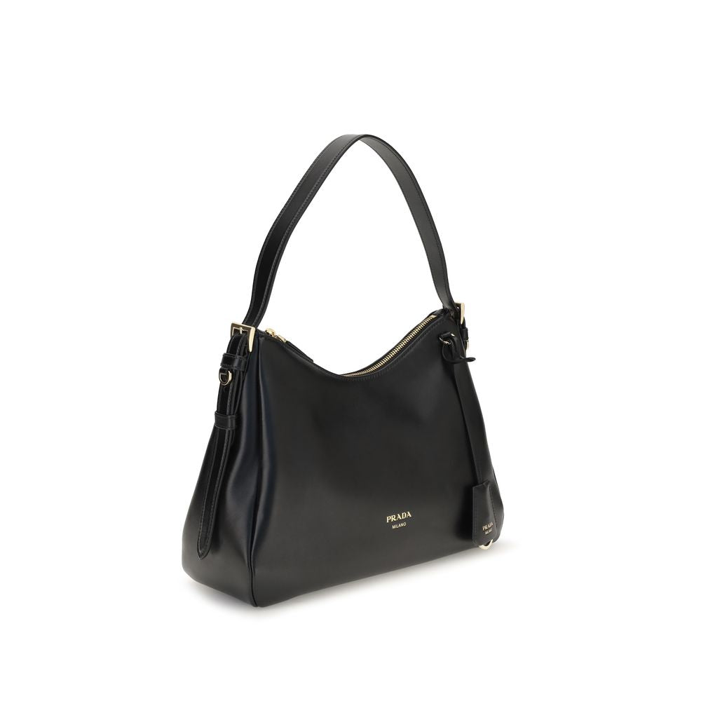 Sac à main Prada Bos Taurus en cuir de veau noir, sacoche épaule élégante avec détails sophistiqués, vue de face.