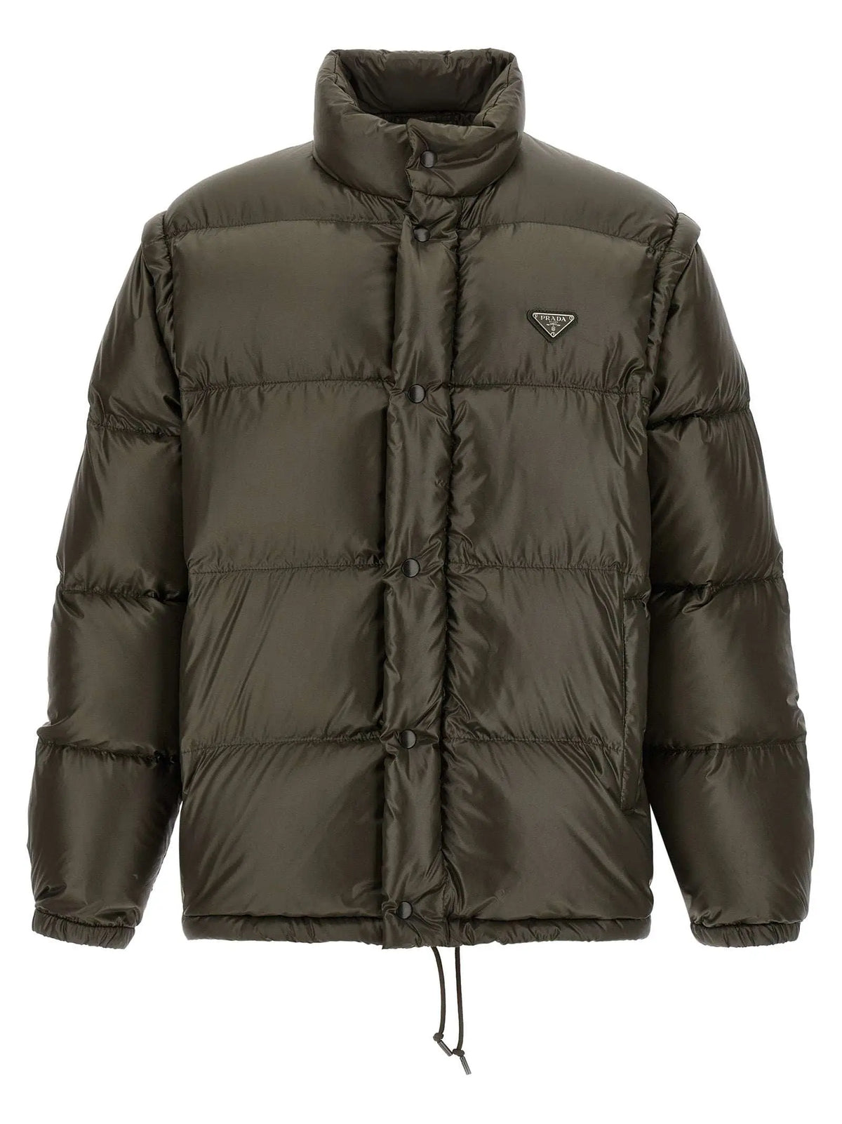 Veste matelassée longue prada gris en polyamide recyclé avec design matelassé et petit logo triangulaire sur la poitrine