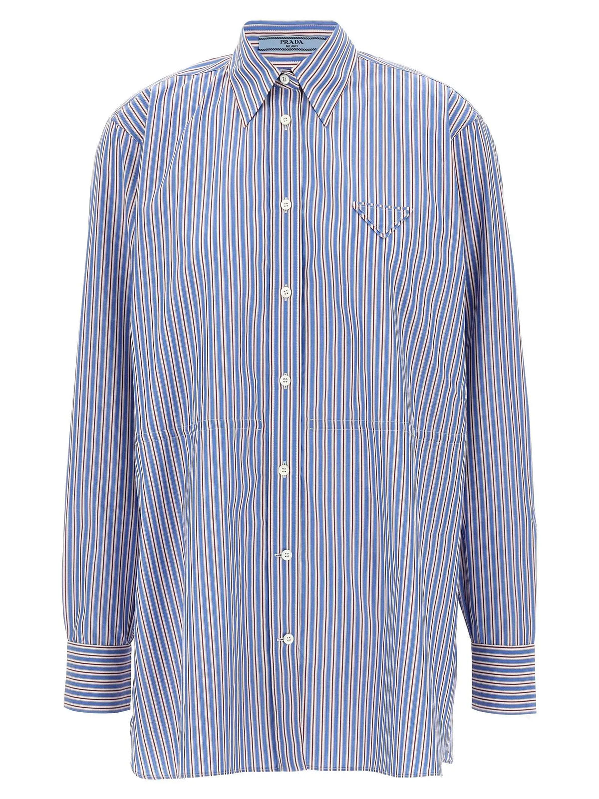 Chemise prada homme multicolore en coton à manches longues avec rayures verticales bleues blanches rouges et logo triangle brodé