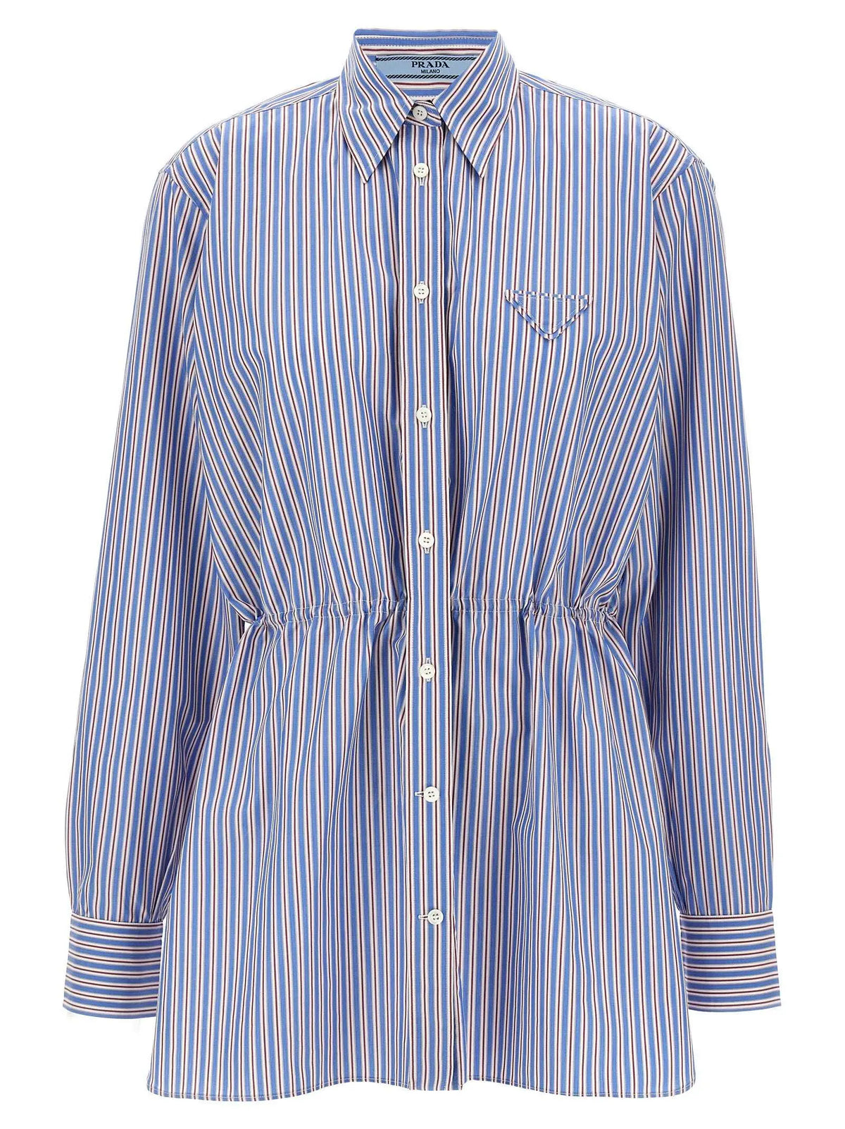 Chemise boutonnée prada rayée bleue et blanche en coton avec un détail subtil de poche multicolore