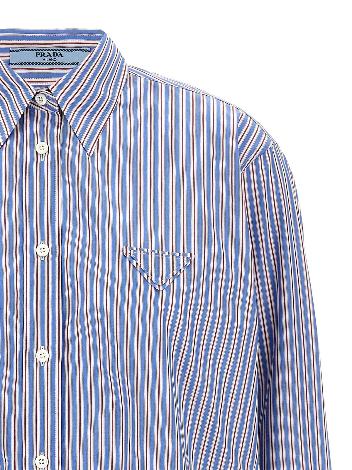 Chemise boutonnée pour homme prada multicolore en coton avec rayures verticales bleu blanc rouge et poche triangulaire