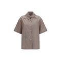 Beige et marron chemise courte en coton à carreaux prada avec manches courtes col et nouée sur le devant