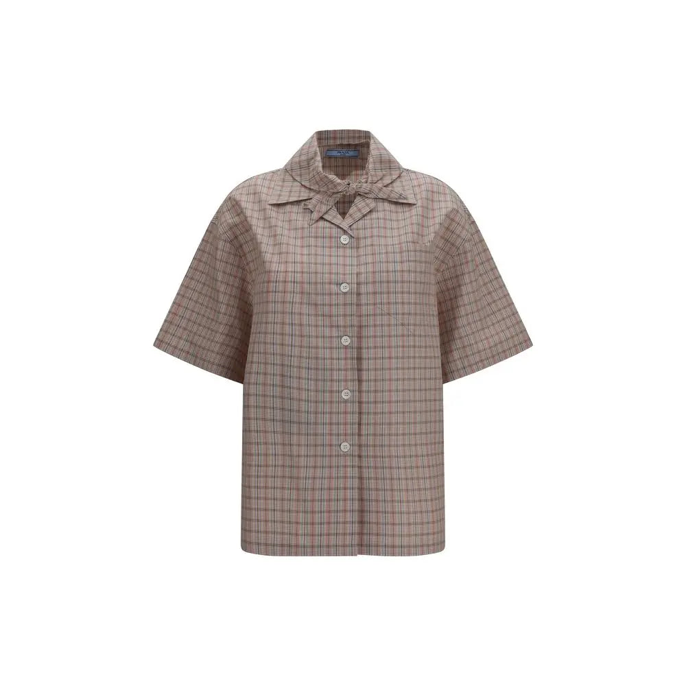 Beige et marron chemise courte en coton à carreaux prada avec manches courtes col et nouée sur le devant