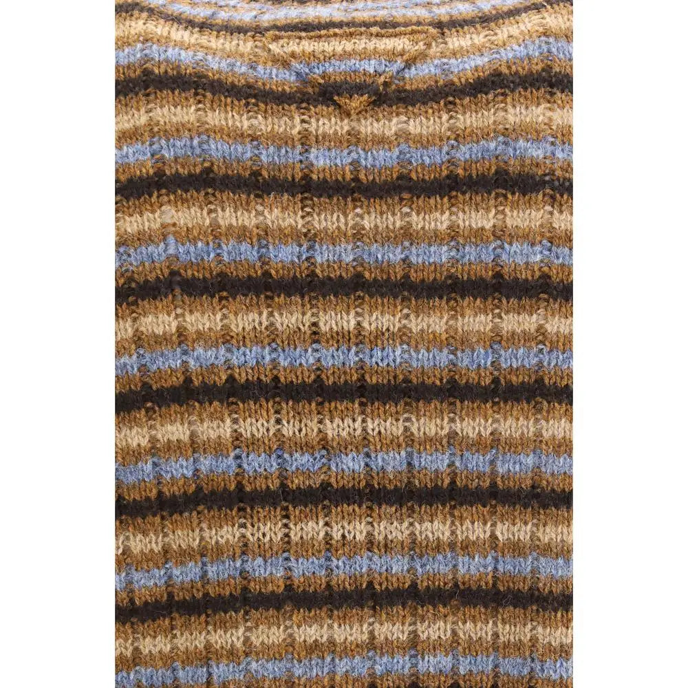 Un sweat-shirt prada multicolor en laine avec des rayures horizontales marron, noir et bleu doux, tricoté à la main