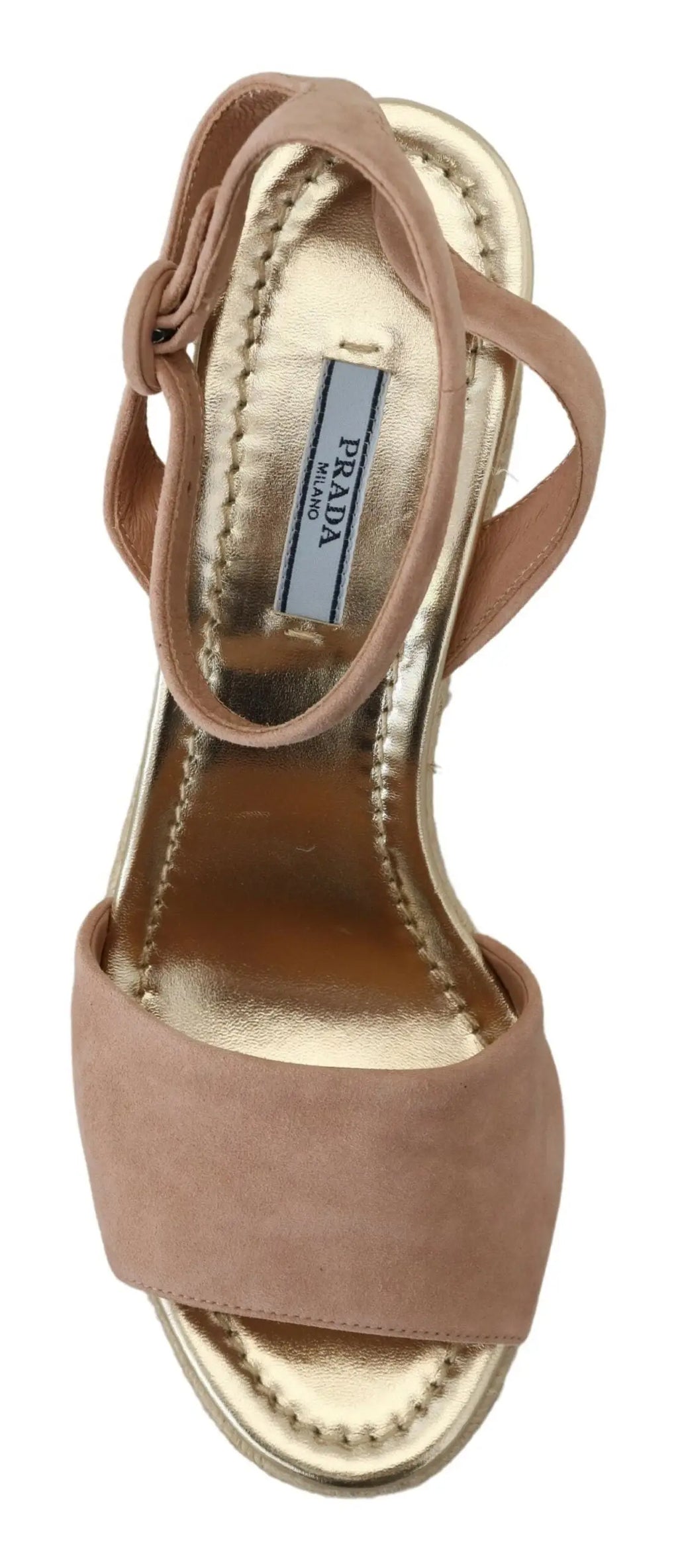 Sandales à talon compensé en daim beige avec semelle intérieure métallique dorée et branding prada