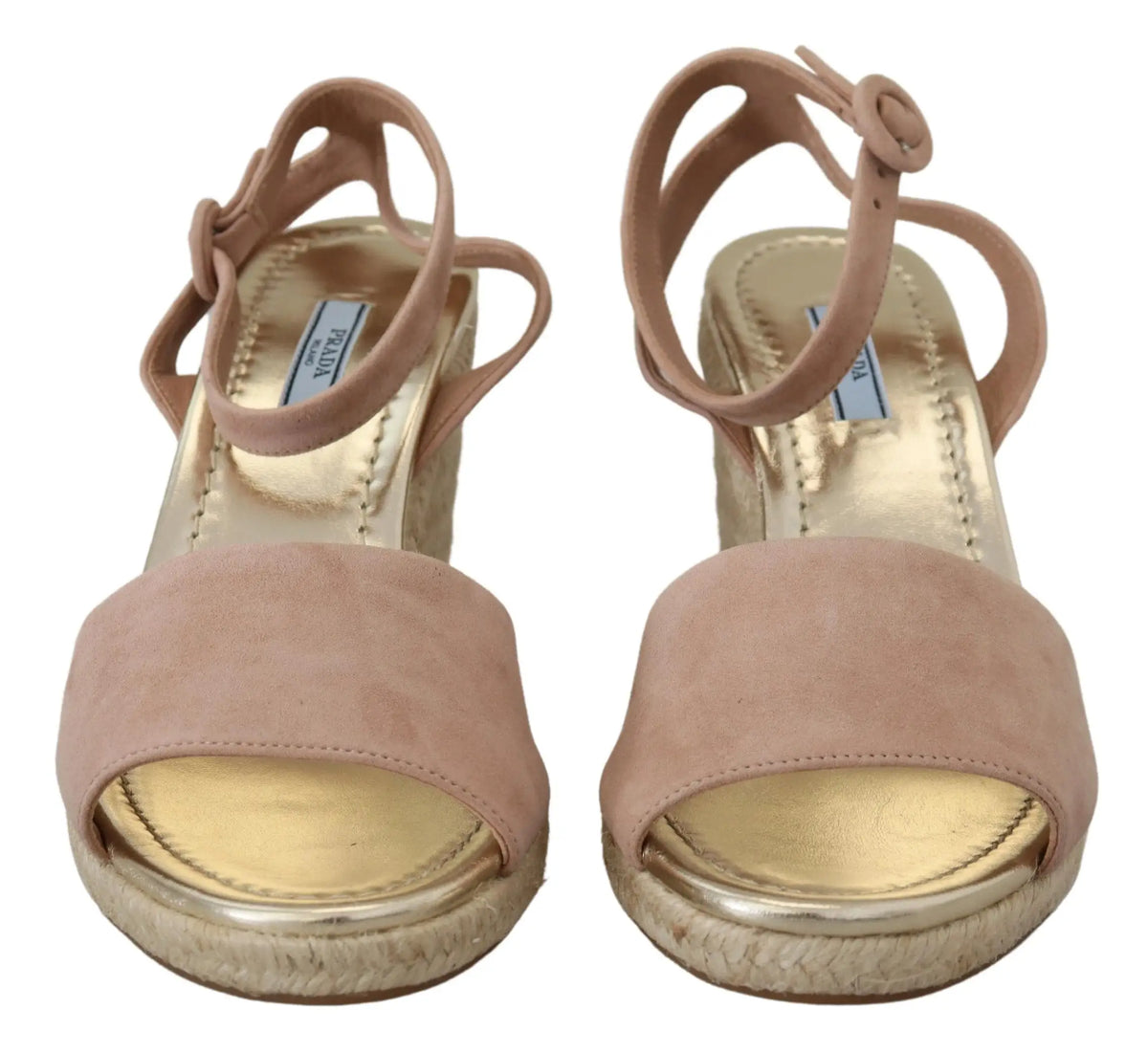 Sandales compensées beige en daim prada avec semelle en jute tressé et brides de cheville ajustables