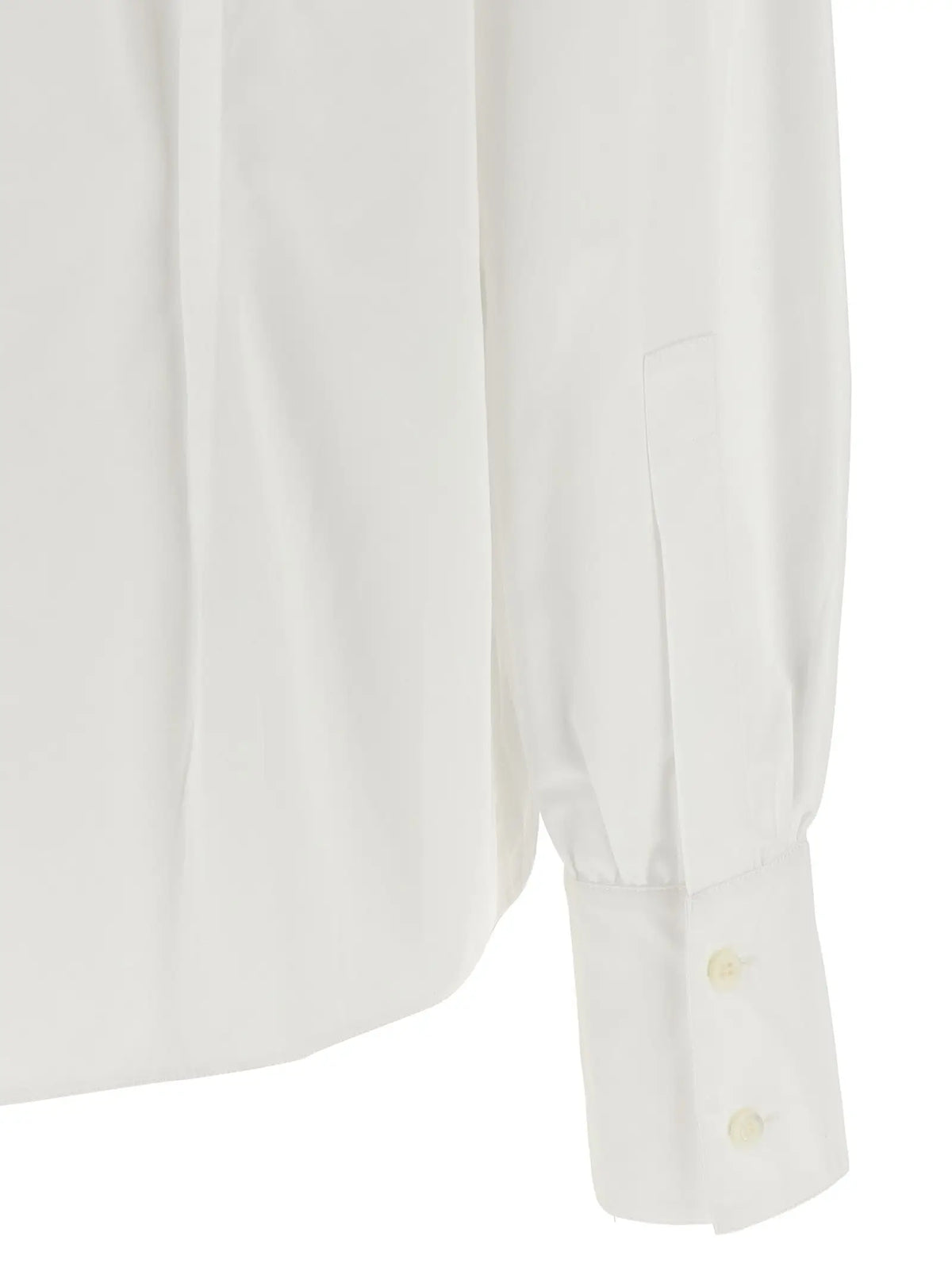 Chemise blanche en coton Prada avec boutons jaune pâle et poignets finement cousus, léger brillant subtil