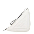 Sac pochette prada blanc en cuir avec logo embossé et fermeture éclair noire en forme triangulaire
