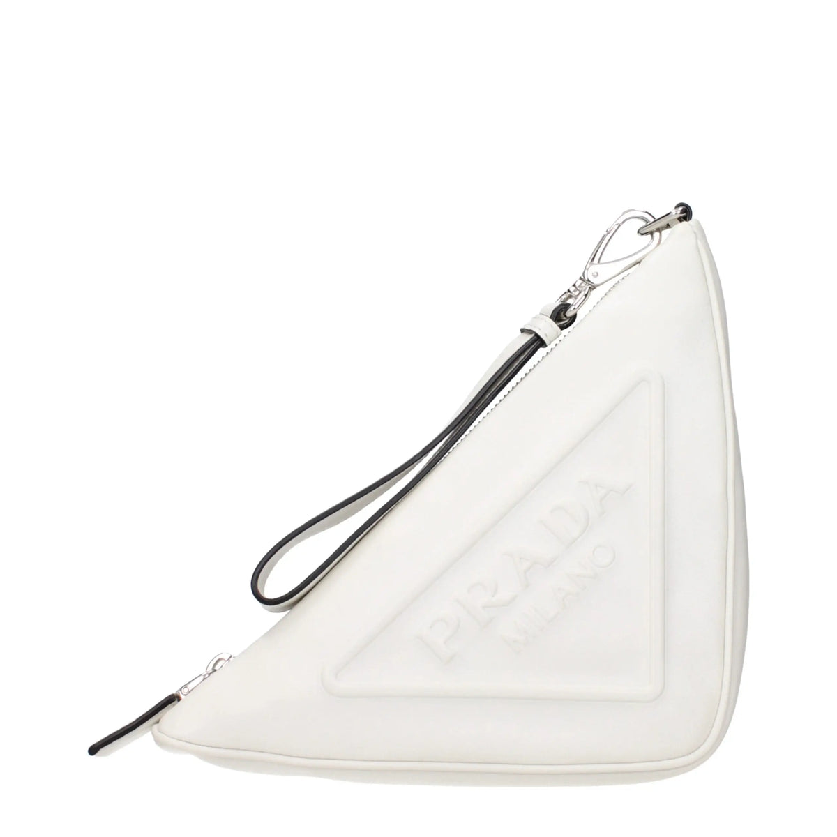 Sac pochette prada blanc en cuir avec logo embossé et fermeture éclair noire en forme triangulaire