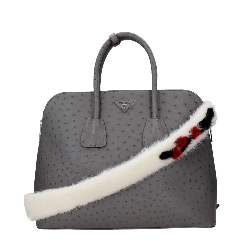 Sac à bandoulière prada blanc en cuir avec effet autruche gris et bride en fourrure blanche brodée rouge et noir