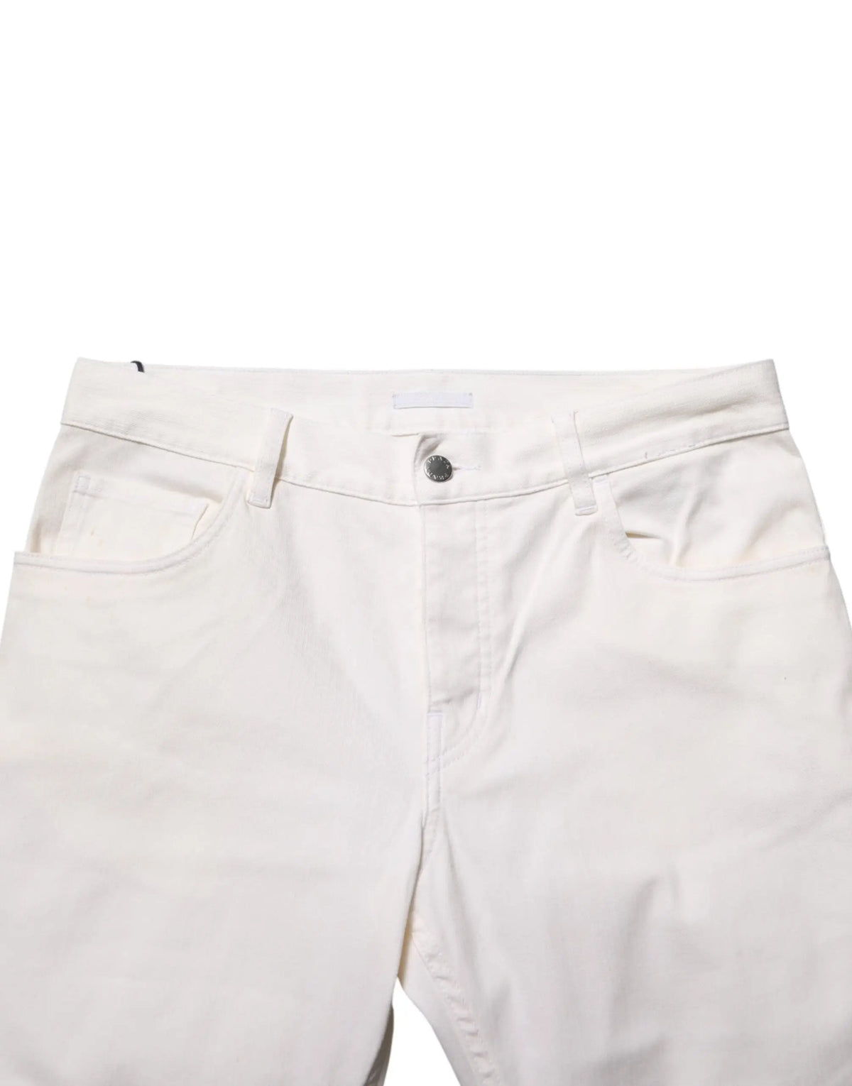 Jean denim blanc prada taille mi-haute coupe skinny avec fermeture bouton et cinq poches classique