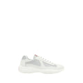 Prada white polyamide low top sneakers with sleek modern design featuring mesh and smooth leather panels