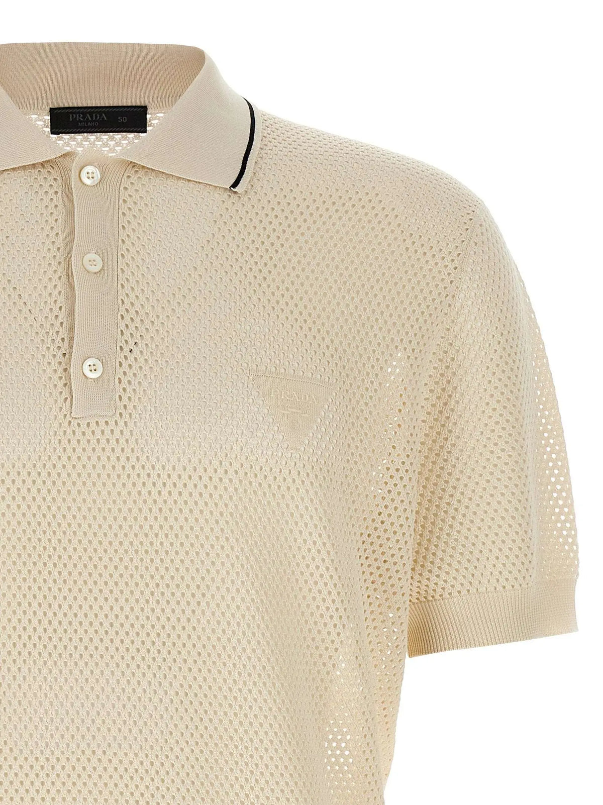 Polo prada beige en soie blanche avec texture maille et col bordé noir
