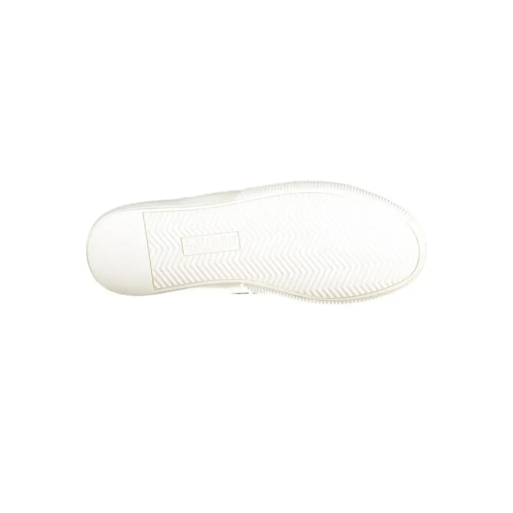Semelle extérieure blanche en caoutchouc avec motif en chevrons subtil et étiquette de marque rectangulaire sur sneaker femme en cuir bleu ralph lauren