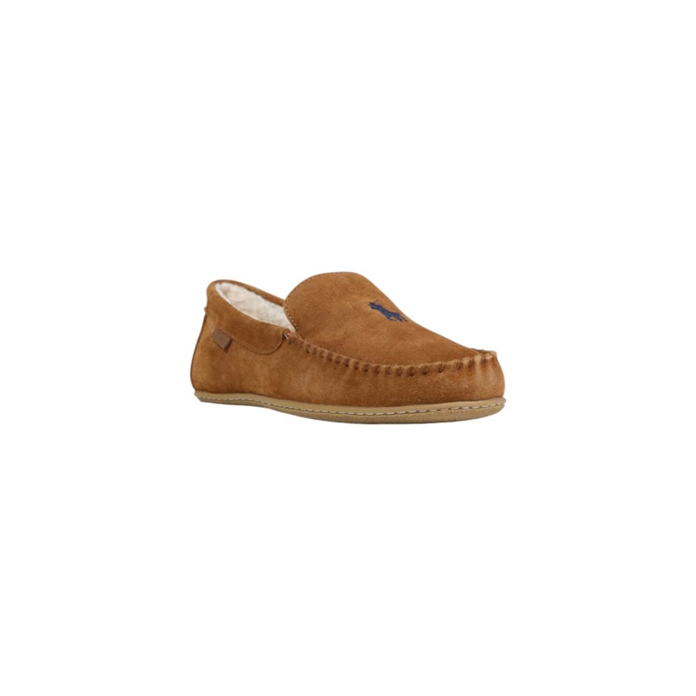 Chaussons en cuir suédé marron Ralph Lauren, élégants et confortables, avec semelle en caoutchouc pour un style décontracté.