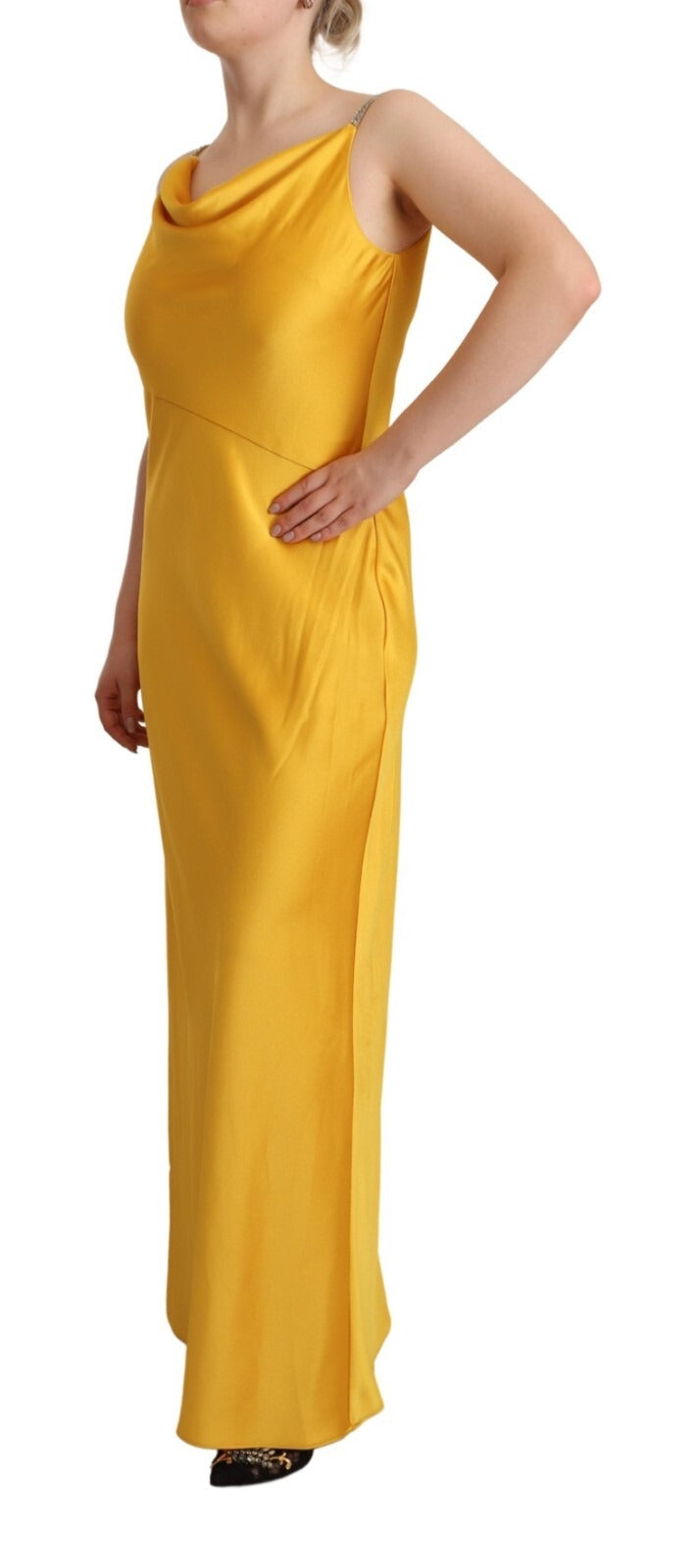 Robe longue sans manches Ralph Lauren jaune, robe fourreau élégante pour femmes, tissu fluide et coupe ajustée.