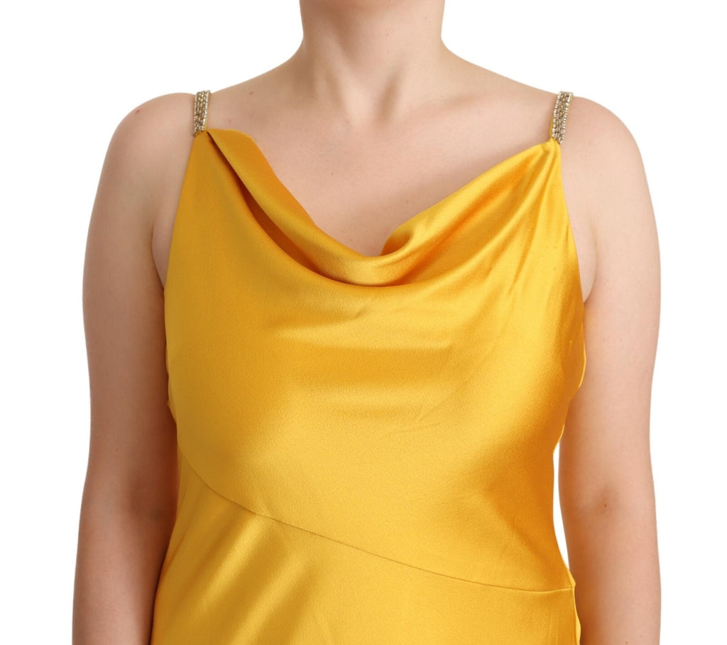 Robe longue jaune sans manches Ralph Lauren pour femmes, robe de soirée élégante et ajustée, en tissu fluide.
