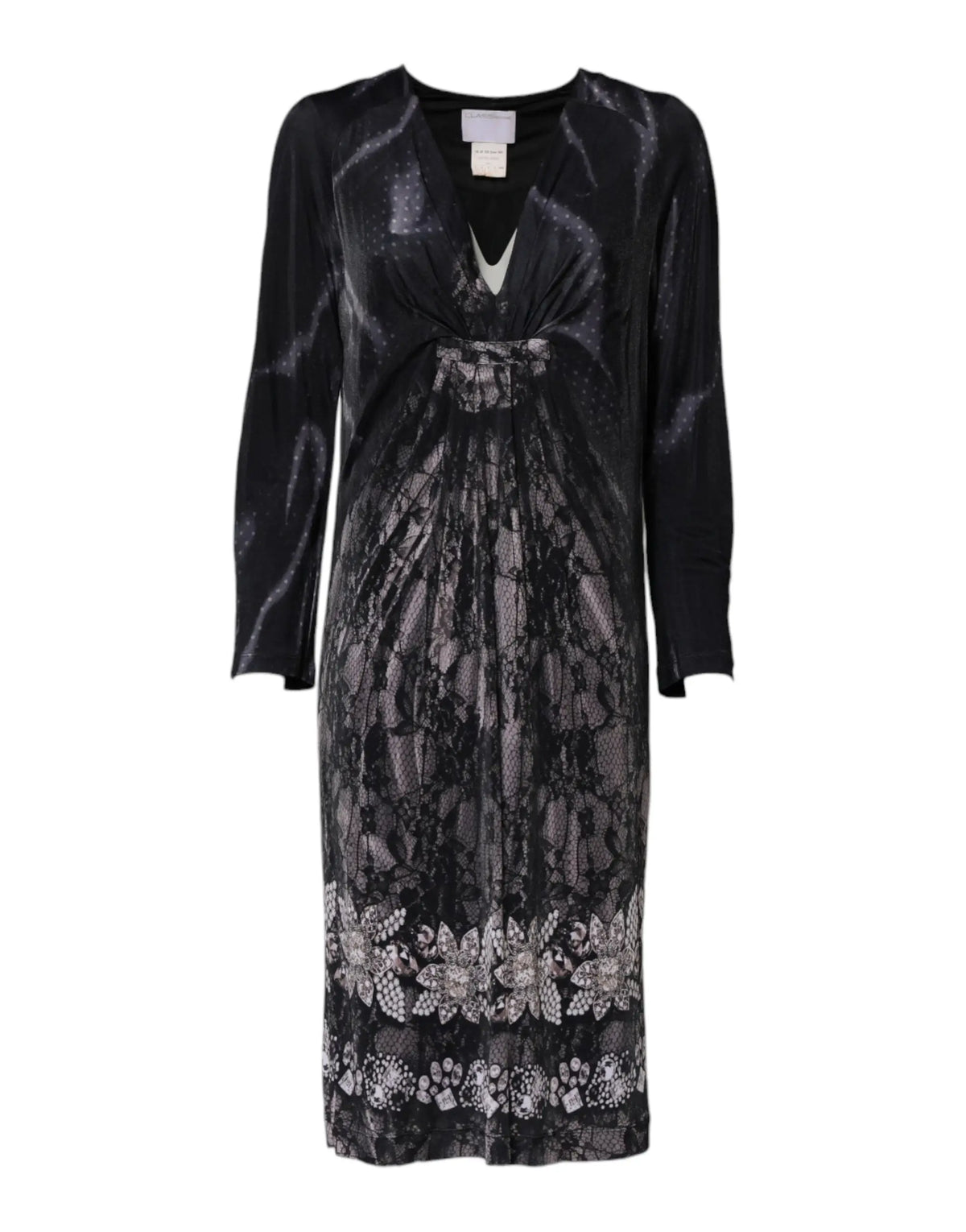 Robe noire en dentelle Roberto Cavalli en viscose à manches longues avec décolleté en v et motifs floraux détaillés