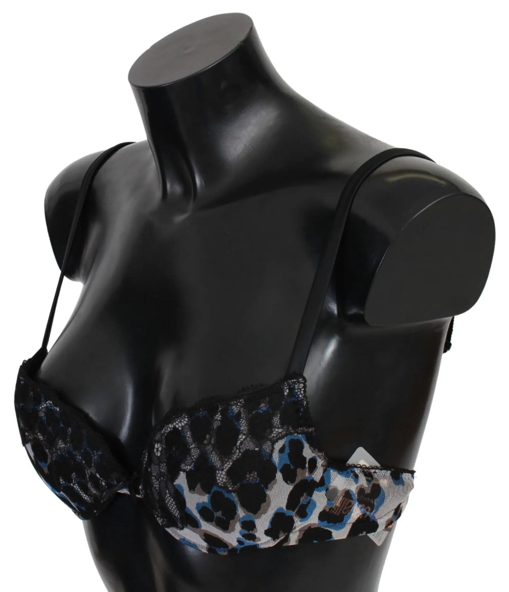 Robusto cavalli soutien-gorge en nylon noir et bleu avec dentelle léopard et bretelles fines noires