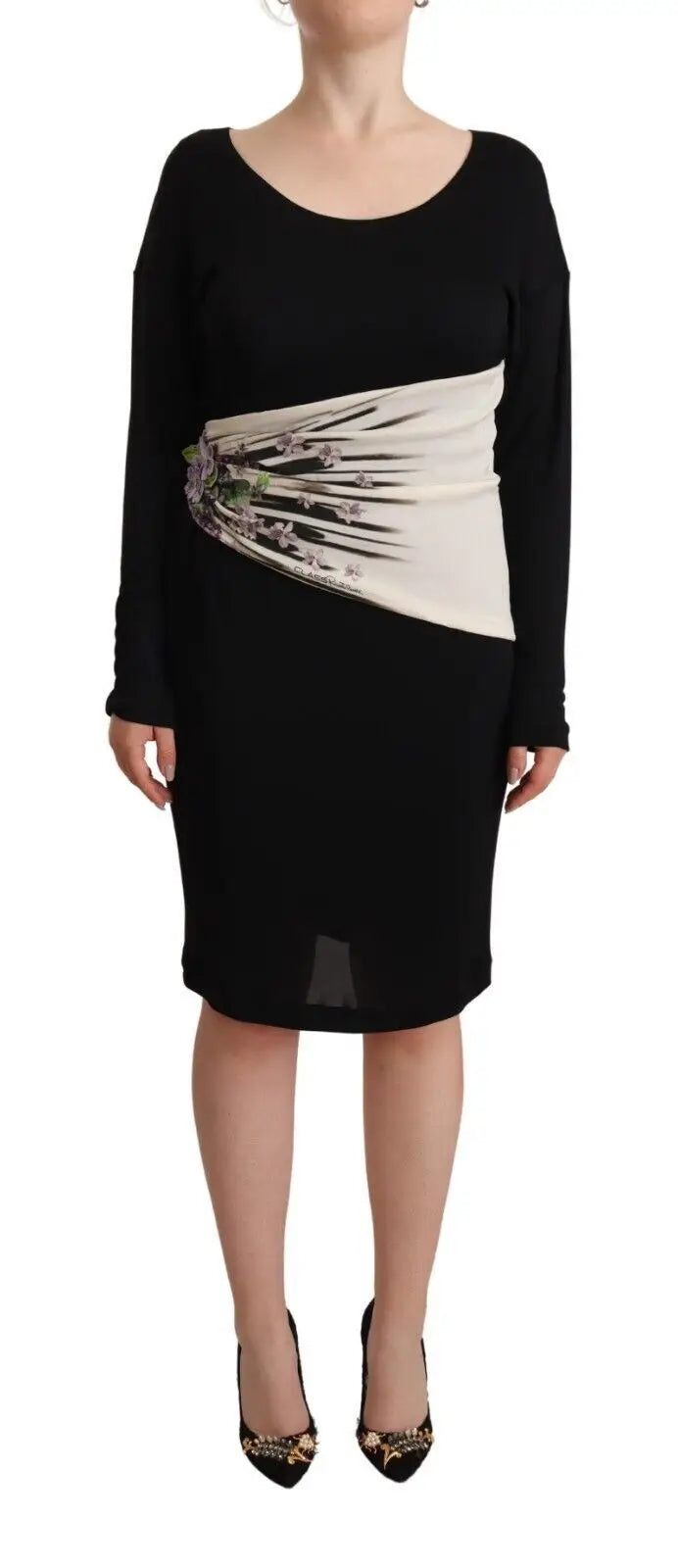 Robe noire manches longues roberto cavalli avec ceinture blanche plume et coupe près du corps au genou