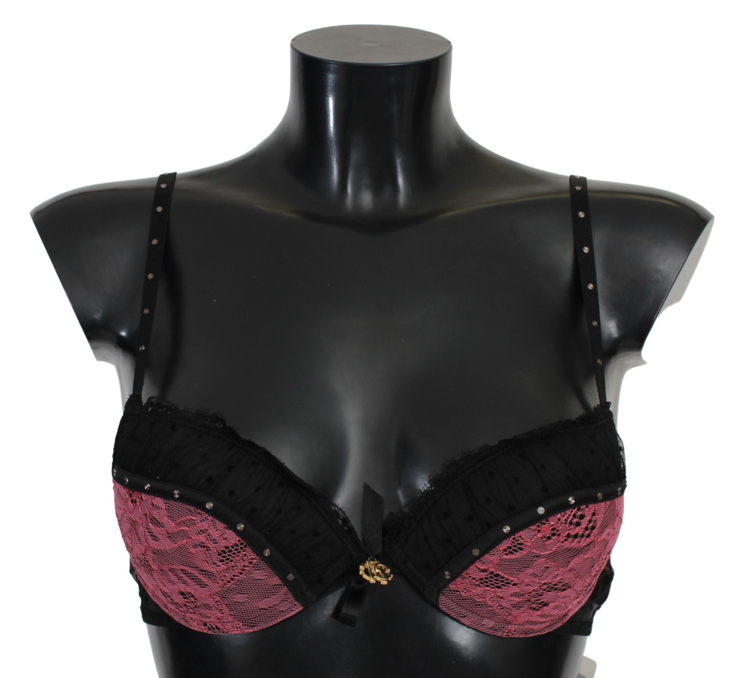 Soutien-gorge push-up en dentelle noire et rose de la marque Roberto Cavalli, lingerie élégante et féminine.
