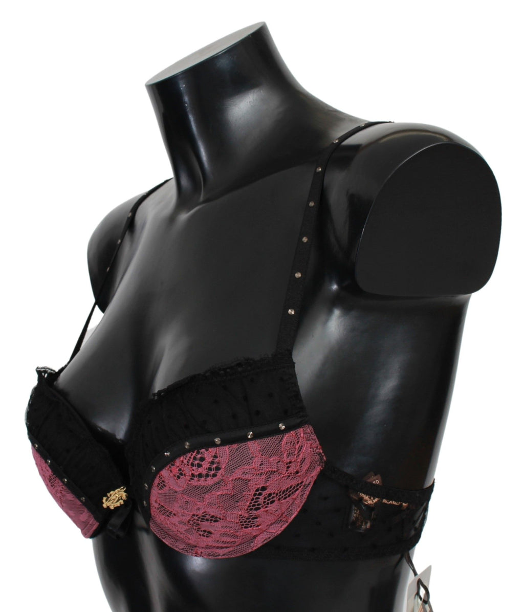 Soutien-gorge push-up en dentelle noire et rose Roberto Cavalli, lingerie élégante et féminine avec design délicat.