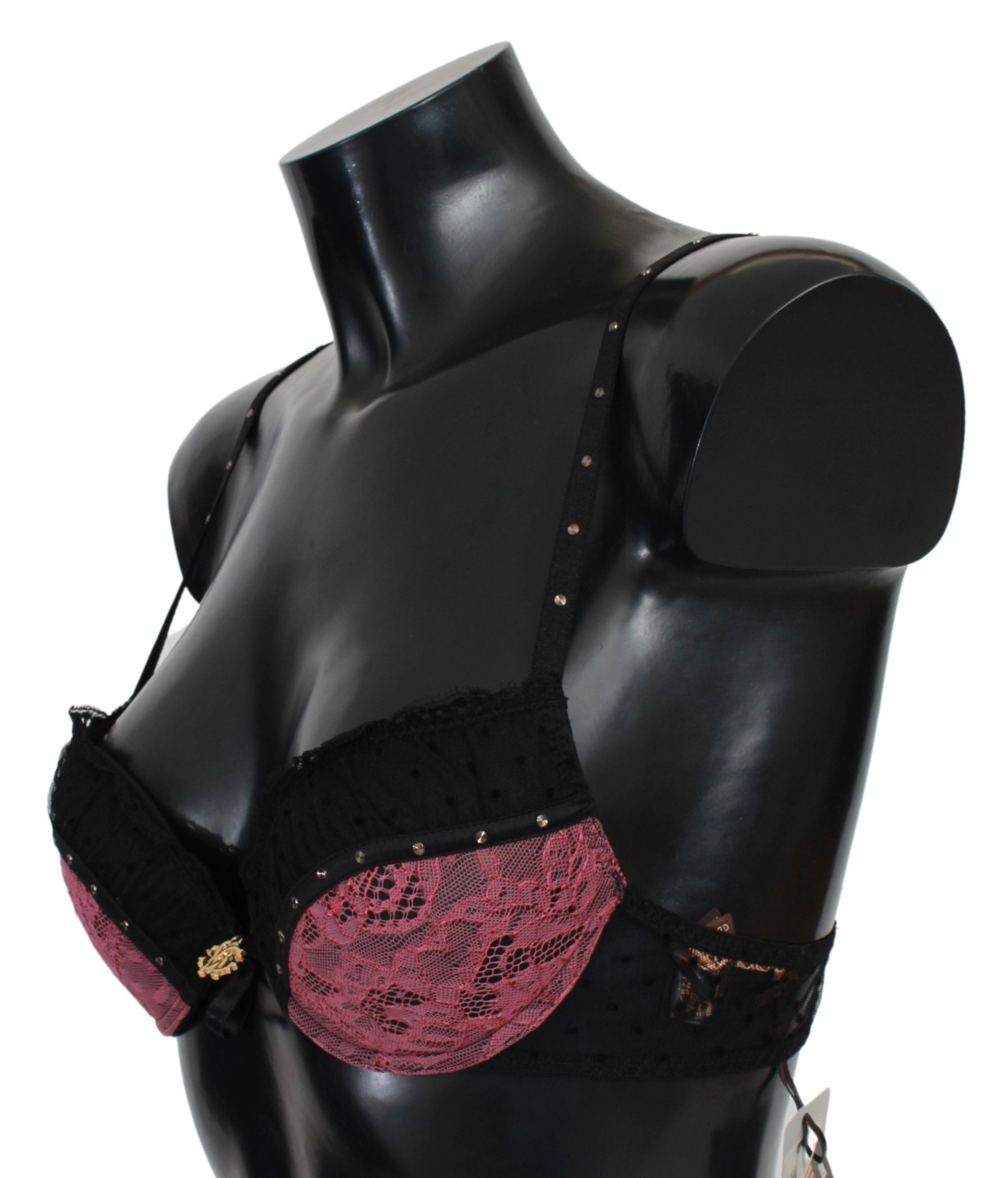 Soutien-gorge push-up en dentelle noire et rose Roberto Cavalli, lingerie élégante et féminine avec design délicat.