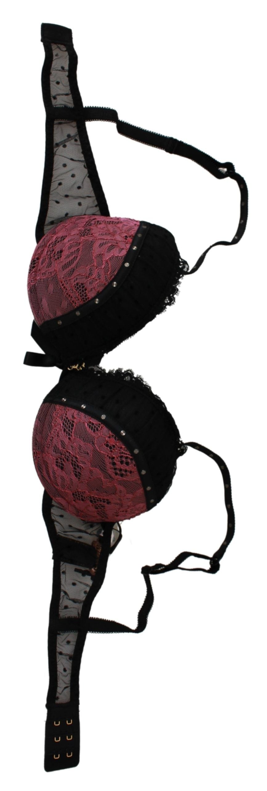 Soutien-gorge push-up noir et rose en dentelle Roberto Cavalli, lingerie élégante et feminine, vue de face.