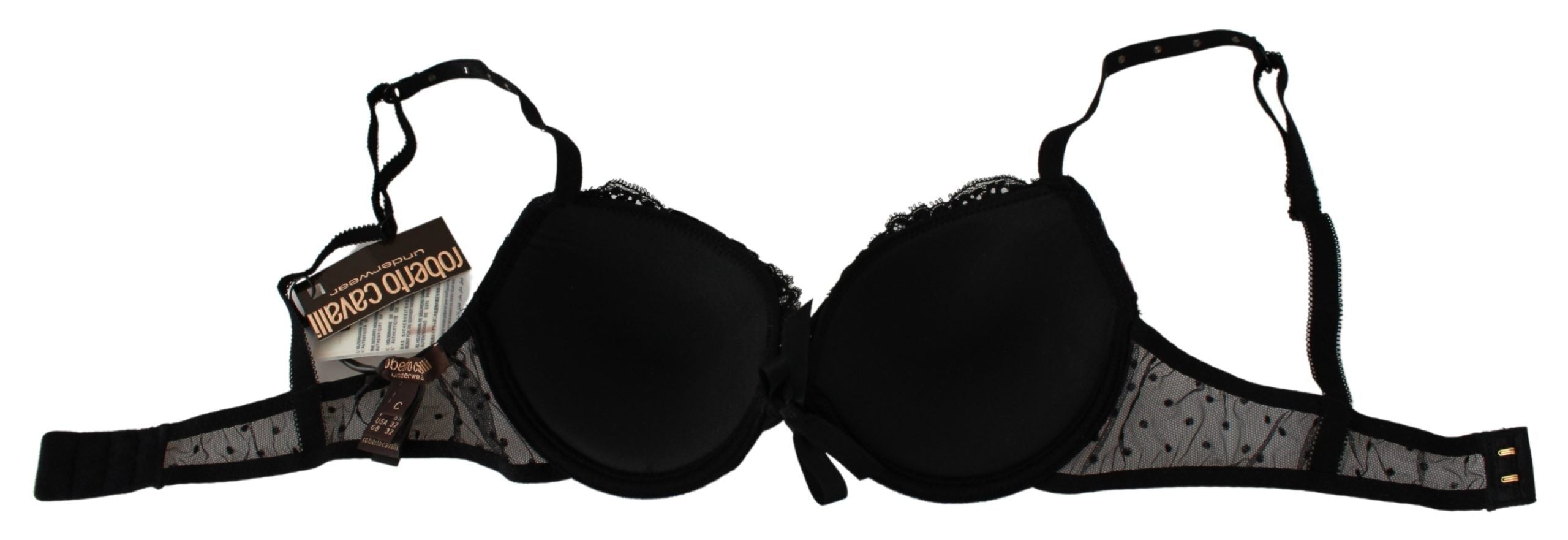 Soutien-gorge push-up en dentelle noire et rose de Roberto Cavalli, lingerie élégante avec détails raffinés.