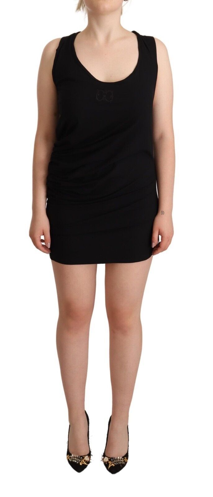 Robe noire sans manches en coton Roberto Cavalli, coupe ajustée et mini longueur, portée élégante et moderne.