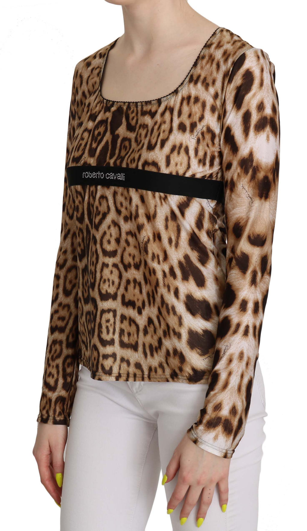 Blouse femme Roberto Cavalli marron à col rond avec motif léopard, style élégant et tendance.