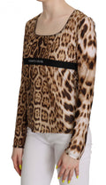 Blouse femme Roberto Cavalli marron à col rond avec motif léopard, style élégant et tendance.