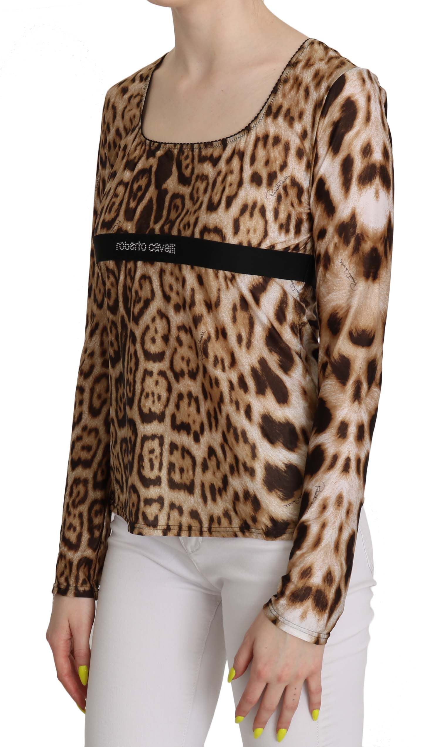 Blouse femme Roberto Cavalli marron à col rond avec motif léopard, style élégant et tendance.