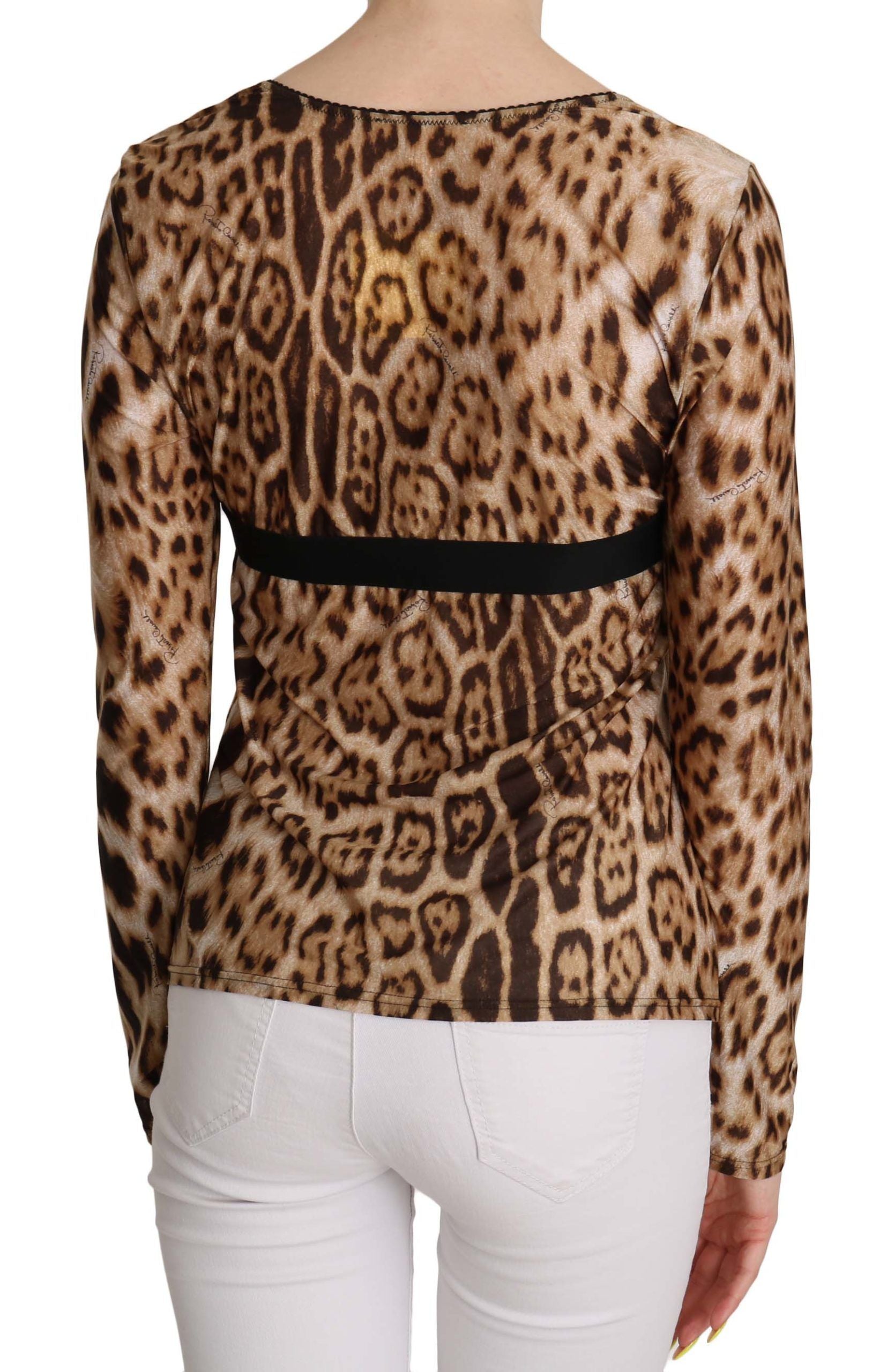 Haut femme Roberto Cavalli marron à col rond avec motif léopard, blouse élégante et tendance.