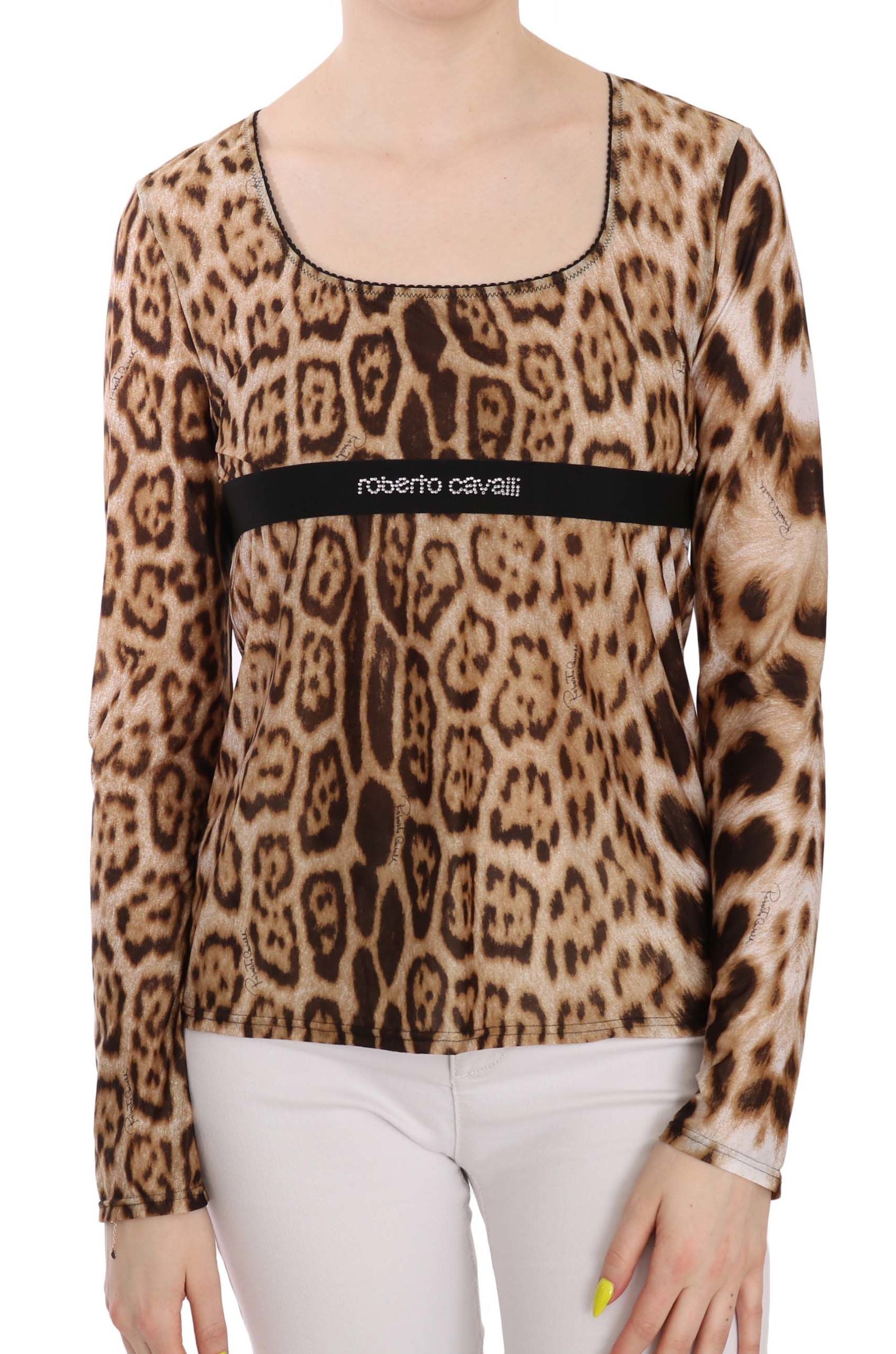 Blouse femme Roberto Cavalli marron à col rond avec motif léopard, vêtement élégant et tendance.