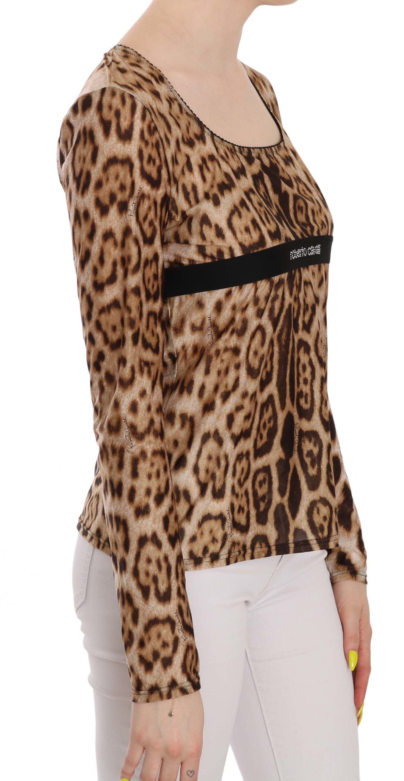 Blouse femme Roberto Cavalli marron à col rond et motif léopard, style élégant et tendance.