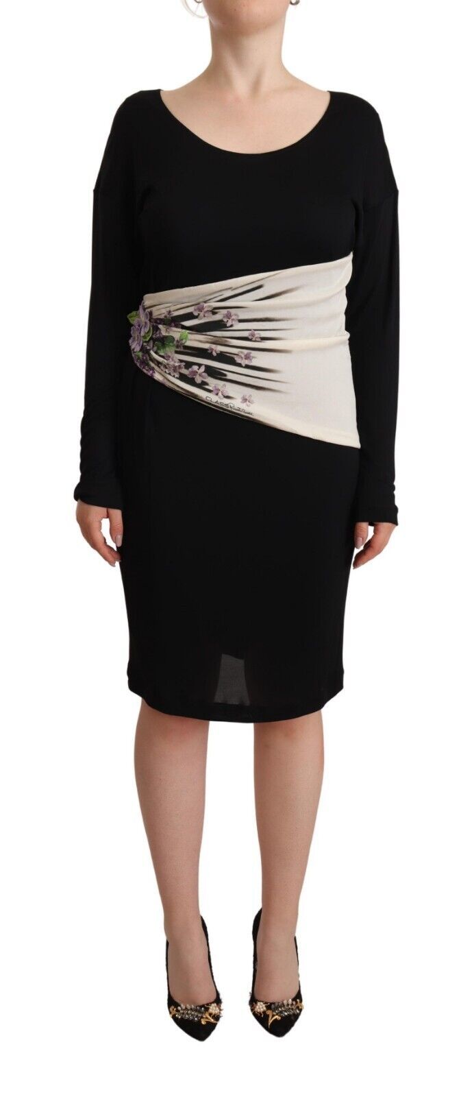 Robe droite Roberto Cavalli noire et argentée, longueur genou, en tissu élégant, pour une silhouette sophistiquée.