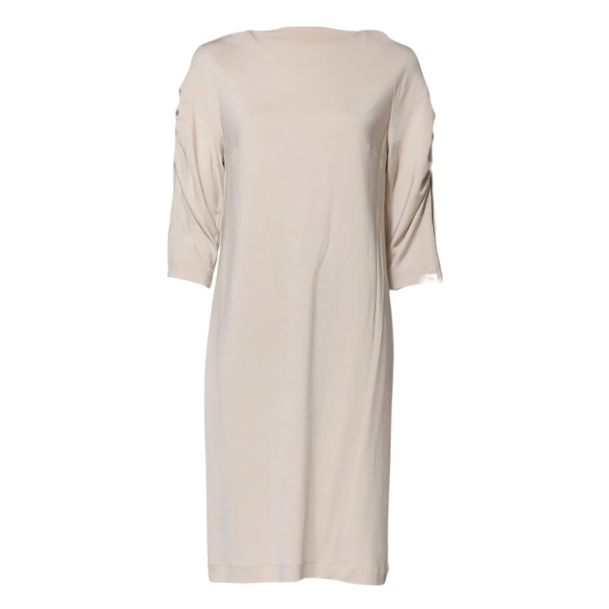Robe midi minimaliste beige en viscose ivoire de roberto cavalli avec manches trois quarts et fronces aux épaules