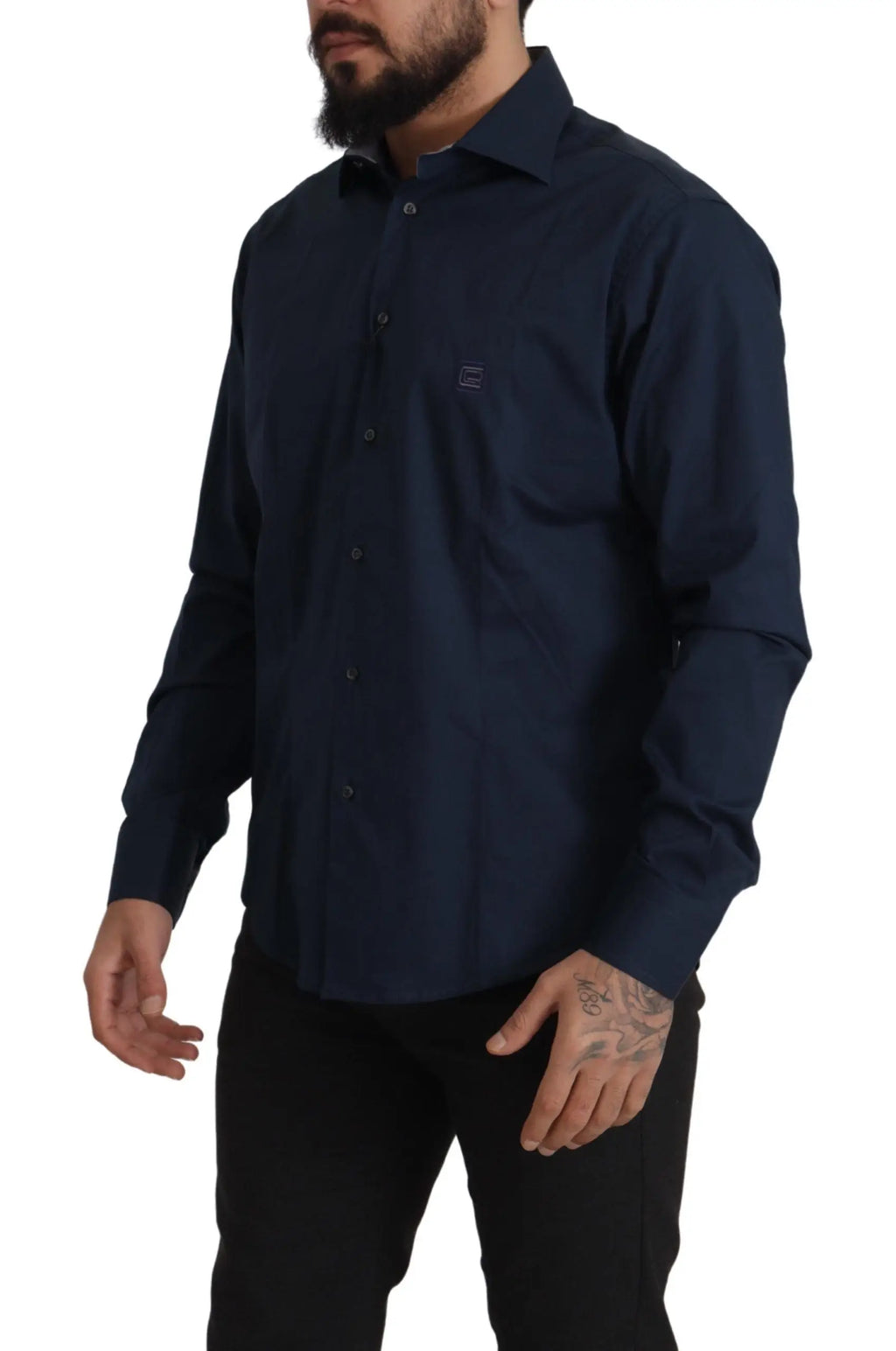 Chemise formelle en coton bleu marine roberto cavalli à manches longues avec poche poitrine discrète et logo minimaliste