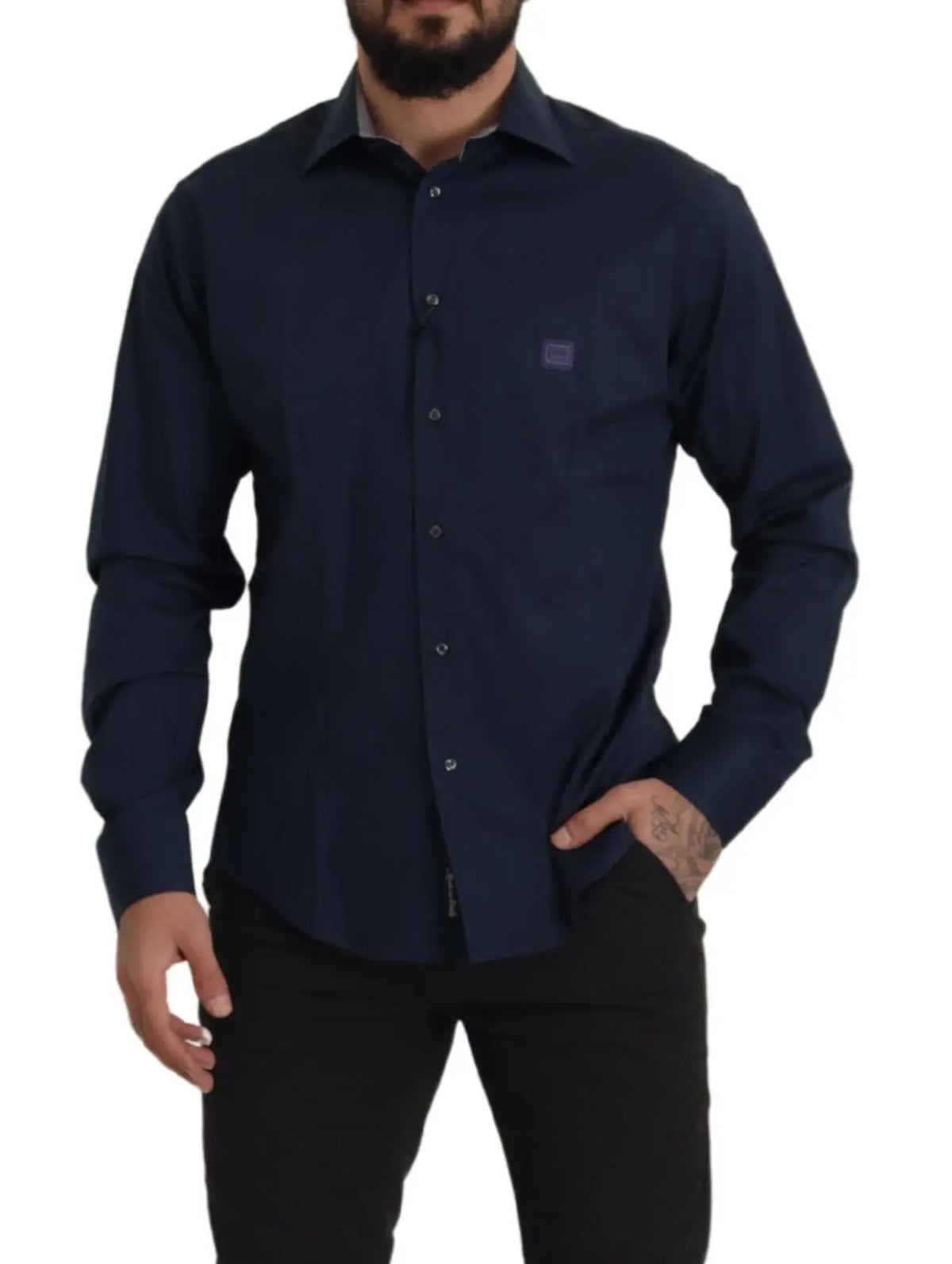 Chemise formelle homme roberto cavalli en coton bleu marine avec manches longues et logo brodé subtil