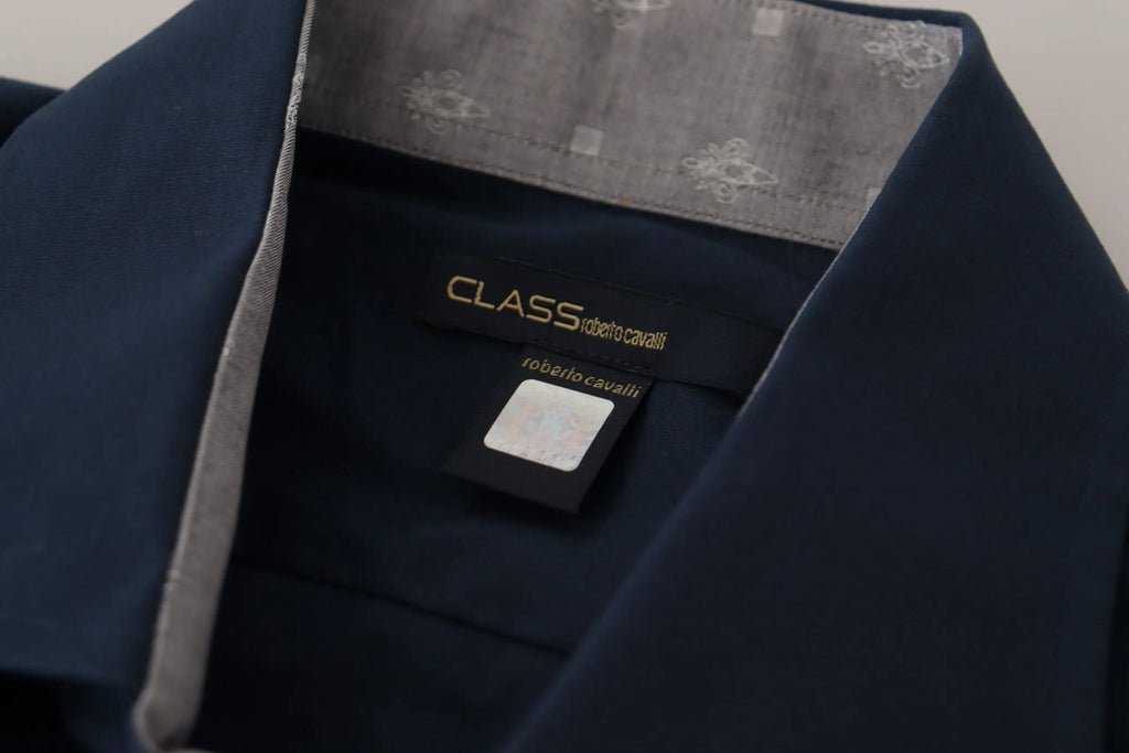 Chemise habillée pour homme roberto cavalli bleu marine en coton avec col intérieur gris et détails subtils à motif