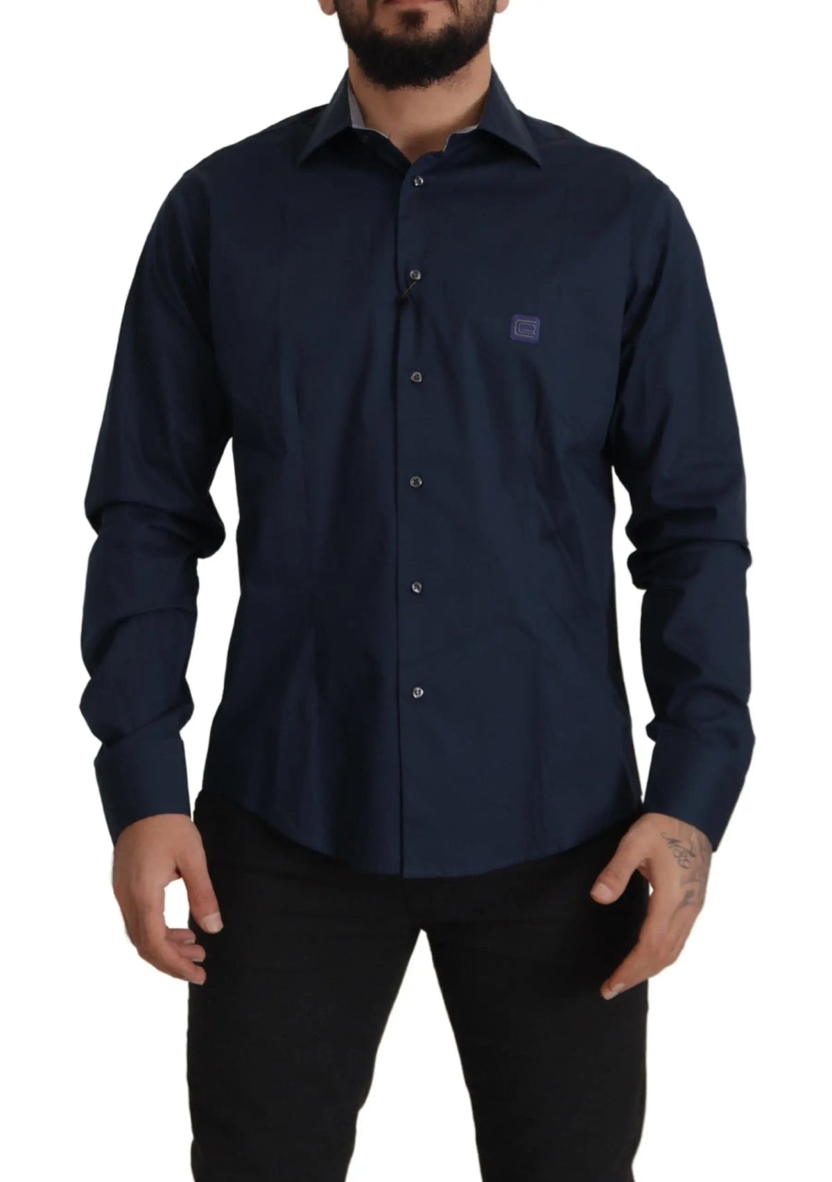 Chemise formelle en coton bleu marine par roberto cavalli avec manches longues et logo brodé subtil sur la poitrine