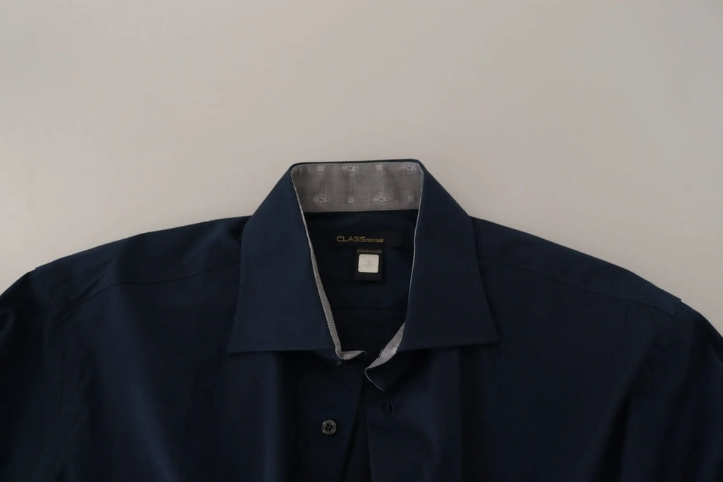 Chemise habillée en coton bleu marine roberto cavalli avec col intérieur gris subtil et étiquette class au col